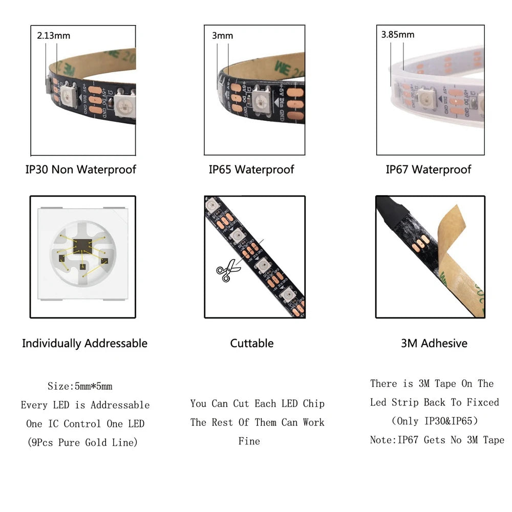WS2812B Smart RGB Led Strip WS2812 30/60/144Pixels/m Individually Addressable Light USB Bluetooth Music Controller Kit DC5V