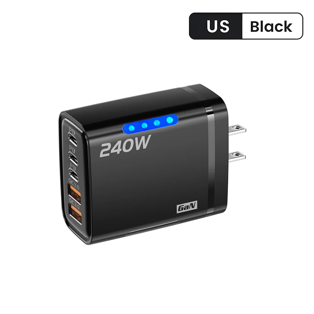 5 in 1 GaN Desktop Charger 240W Fast Charging Adapter 10A USB To TypeC Cable 3PD 2 USB Charger For IPhone 16 15pro Laptop