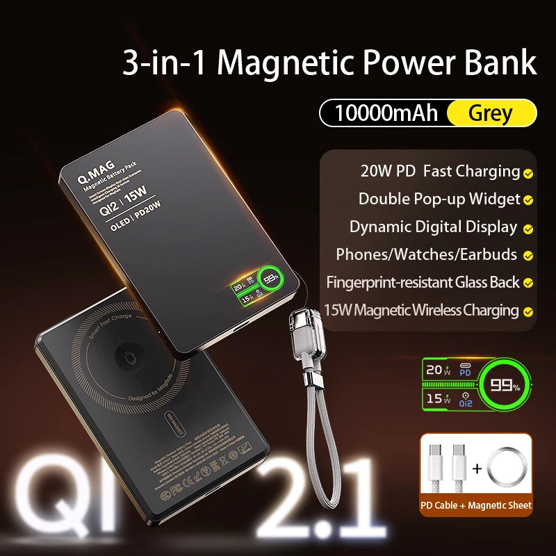 Wireless Magnetic Powerbank Fast Charing Spare Portable External Battery for iPhone 12-17 Promax Watch Airpods 5000/10000mAh