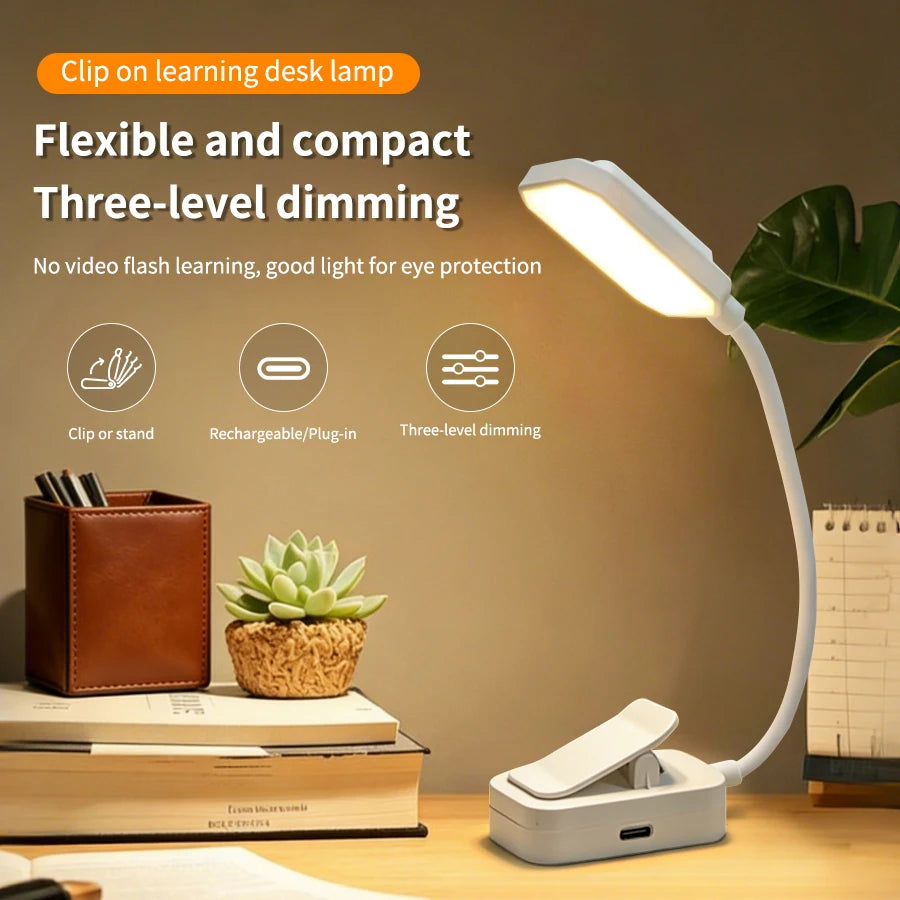 Mini Rechargeable Desk Lamp with Clip Eye Protection Portable Book Light 3 Colors Night Light Student Bedside Study Reading Lamp