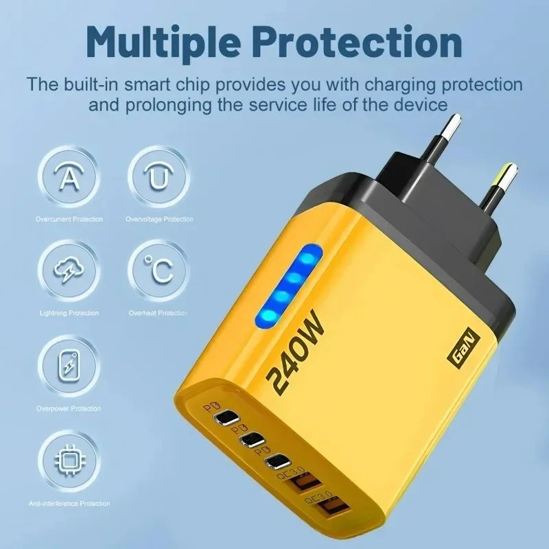 5 in 1 GaN Desktop Charger 240W Fast Charging Adapter 10A USB To TypeC Cable 3PD 2 USB Charger For IPhone 16 15pro Laptop