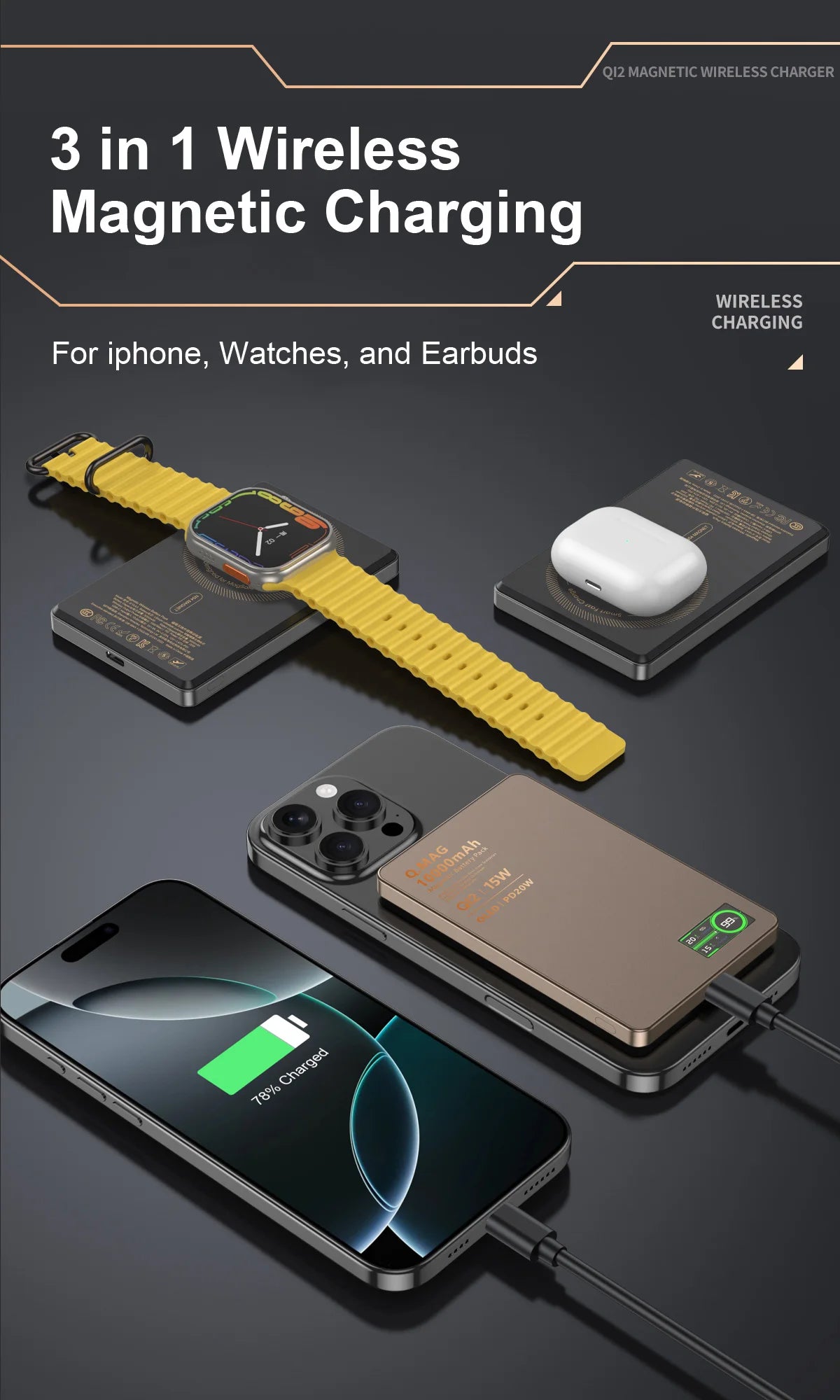 Wireless Magnetic Powerbank Fast Charing Spare Portable External Battery for iPhone 12-17 Promax Watch Airpods 5000/10000mAh