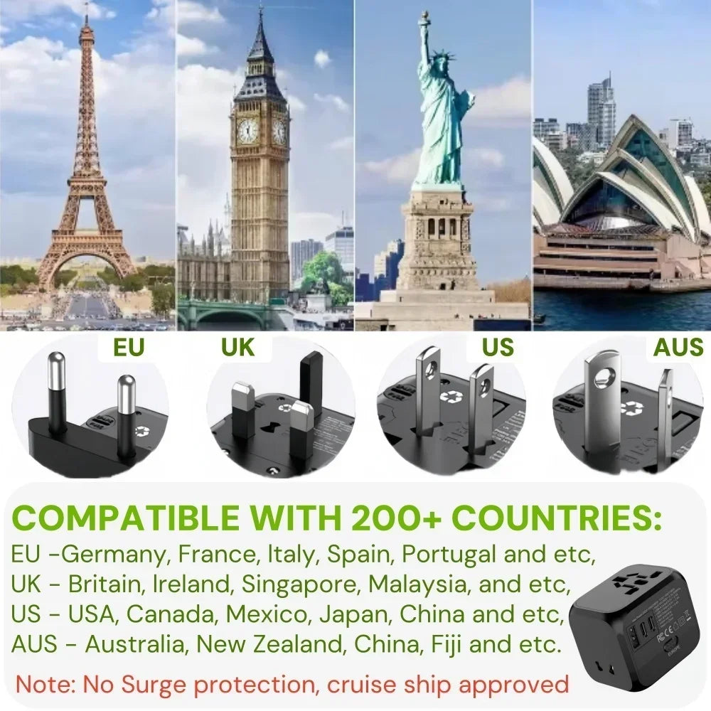 Universal Travel Adapter, Multi Plug 220v to 5v Outlet usb Type c Socket Multicontacto con usb y Corriente Charger For EU/UK/USA