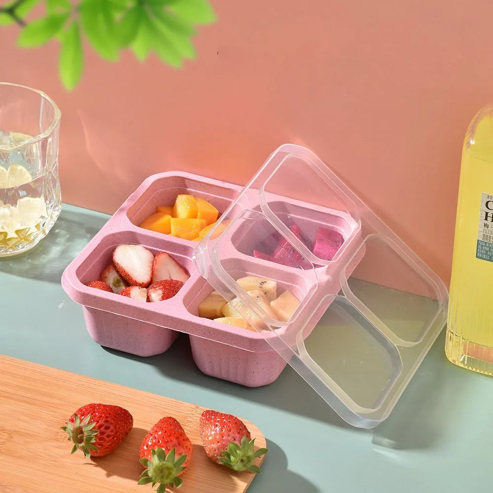 Reusable 4 Compartments Lunch Box Snack Dim Sum Nut Candy Box with Cover Wheat Straw Four Grid Snack Containers Meal Prep