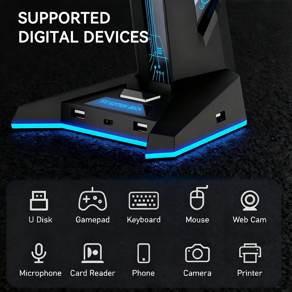 New H74 RGB Gaming Headphone Stand USB Hub Anti-Slip Base LED Light Desktop Organizer for PC Gamers