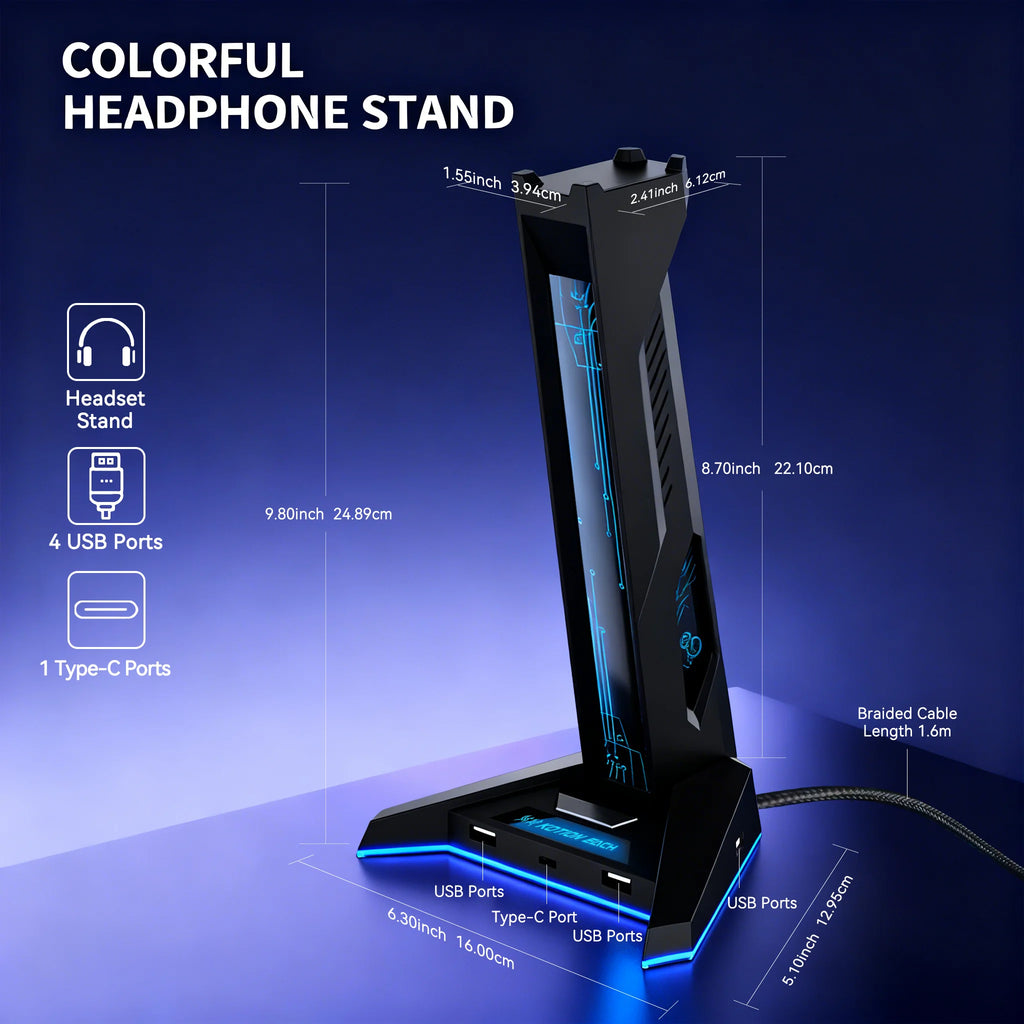 New H74 RGB Gaming Headphone Stand USB Hub Anti-Slip Base LED Light Desktop Organizer for PC Gamers