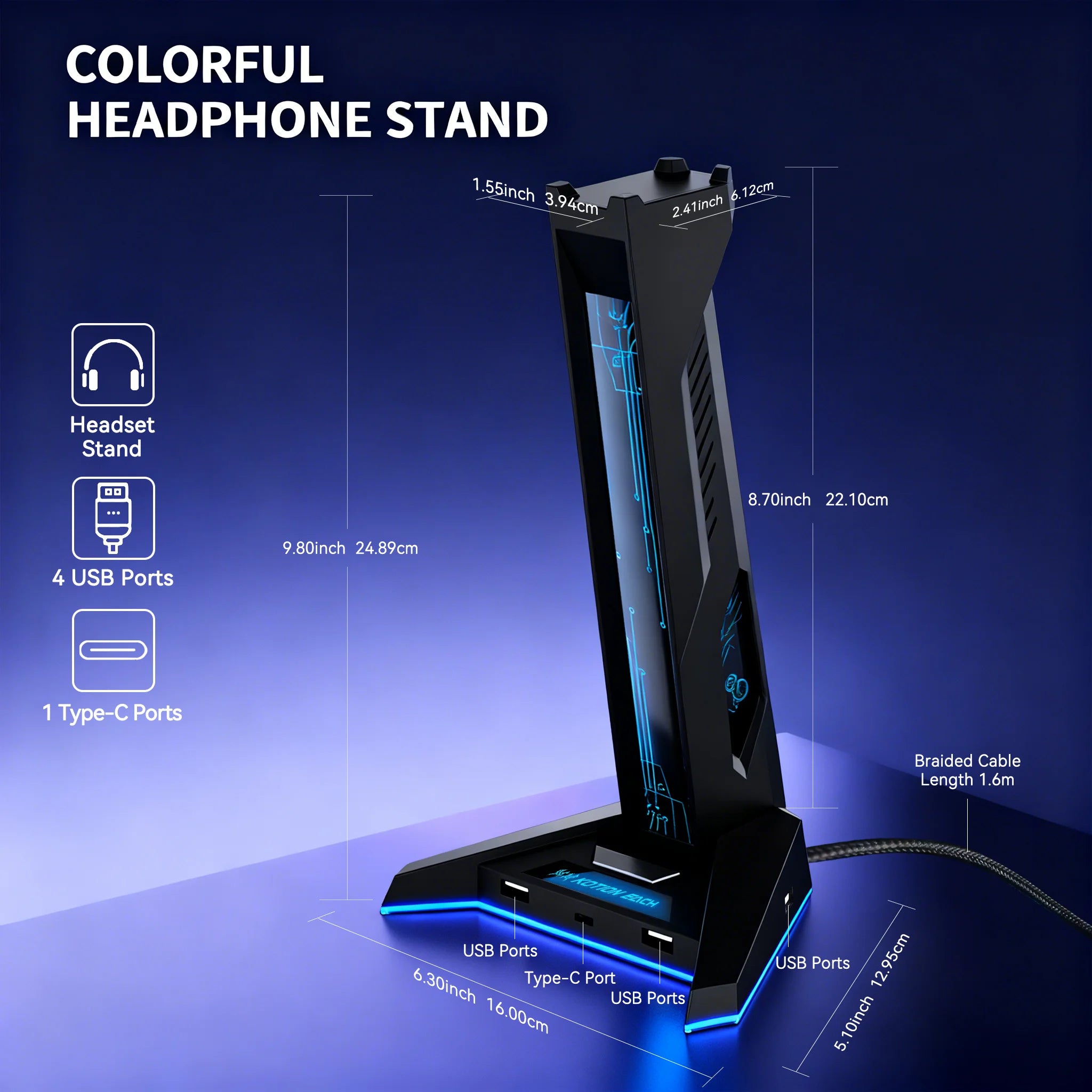 New H74 RGB Gaming Headphone Stand USB Hub Anti-Slip Base LED Light Desktop Organizer for PC Gamers