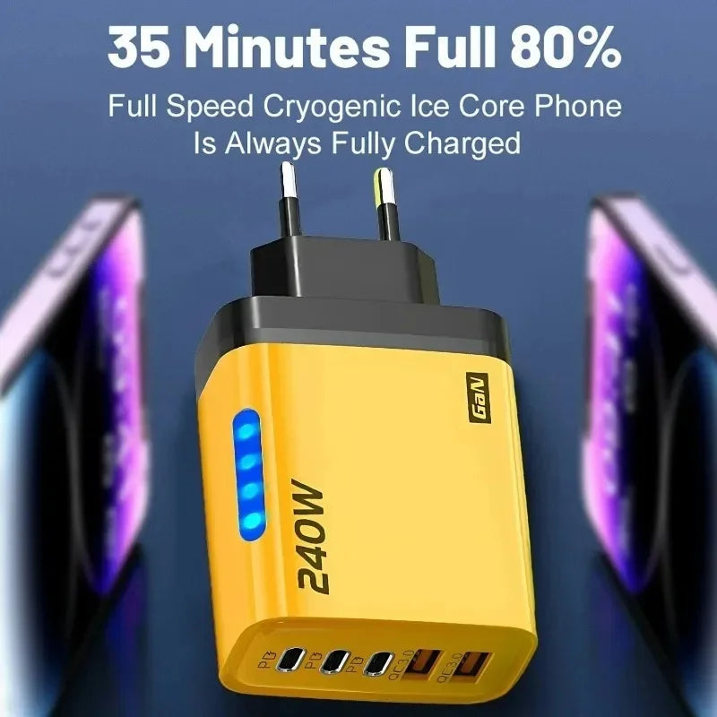 5 in 1 GaN Desktop Charger 240W Fast Charging Adapter 10A USB To TypeC Cable 3PD 2 USB Charger For IPhone 16 15pro Laptop