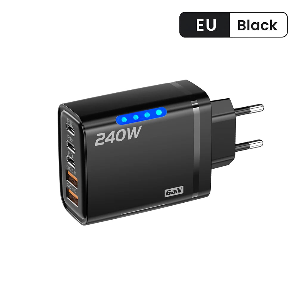5 in 1 GaN Desktop Charger 240W Fast Charging Adapter 10A USB To TypeC Cable 3PD 2 USB Charger For IPhone 16 15pro Laptop