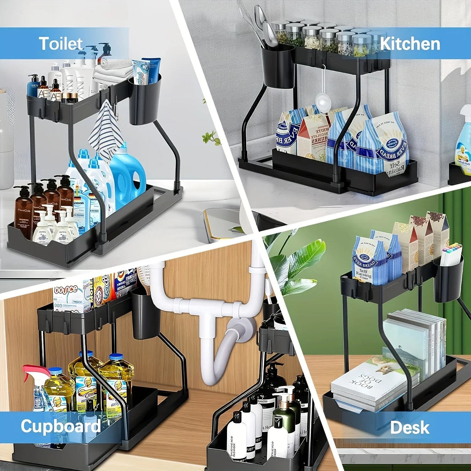 Under Sink Organizer Space Saving 2 Tier Pull Out Storage Box Durable Large Capacity Kitchen Bathroom Essential Drawer Organizer