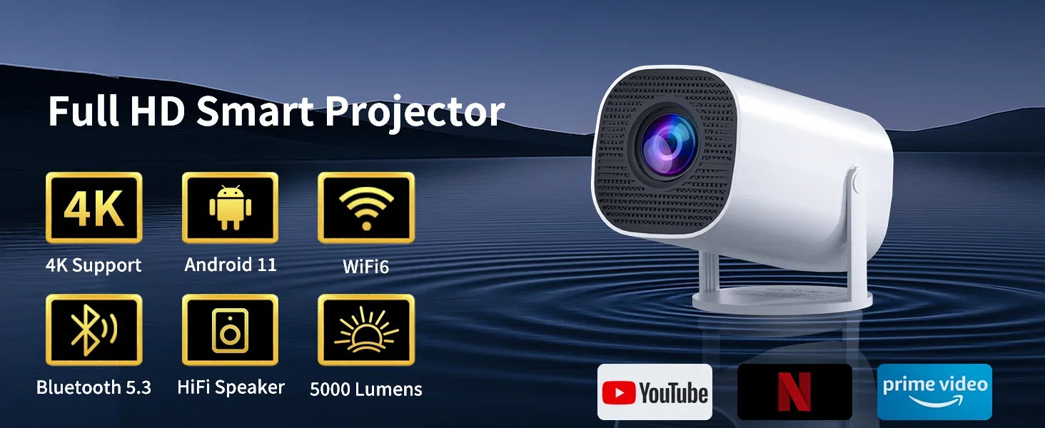 Mini Projector with WiFi & Bluetooth, 4K Support, Android System, Portable for Home Theater, Business, Gaming