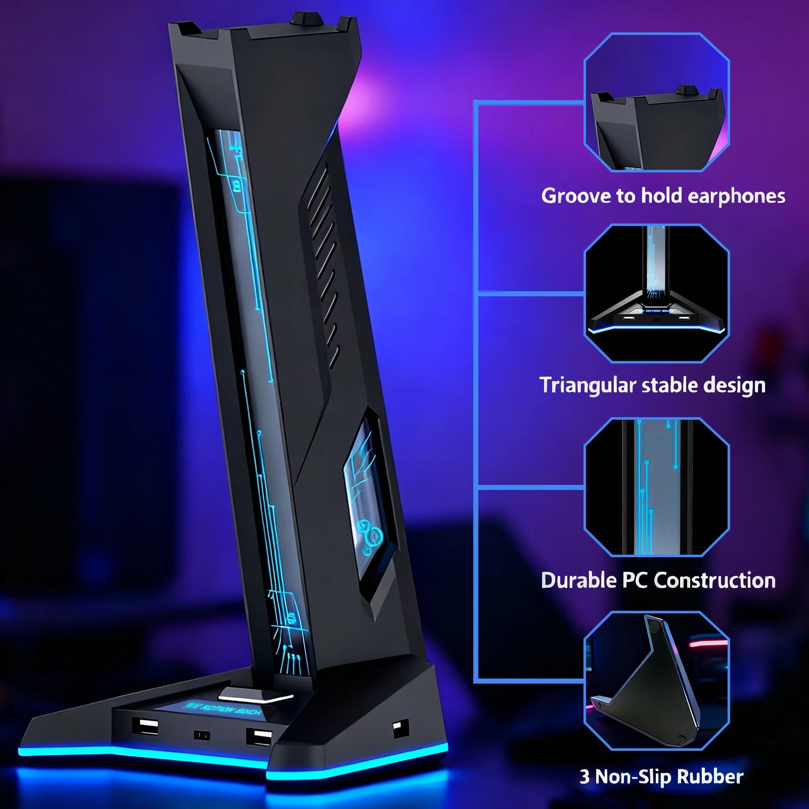 New H74 RGB Gaming Headphone Stand USB Hub Anti-Slip Base LED Light Desktop Organizer for PC Gamers