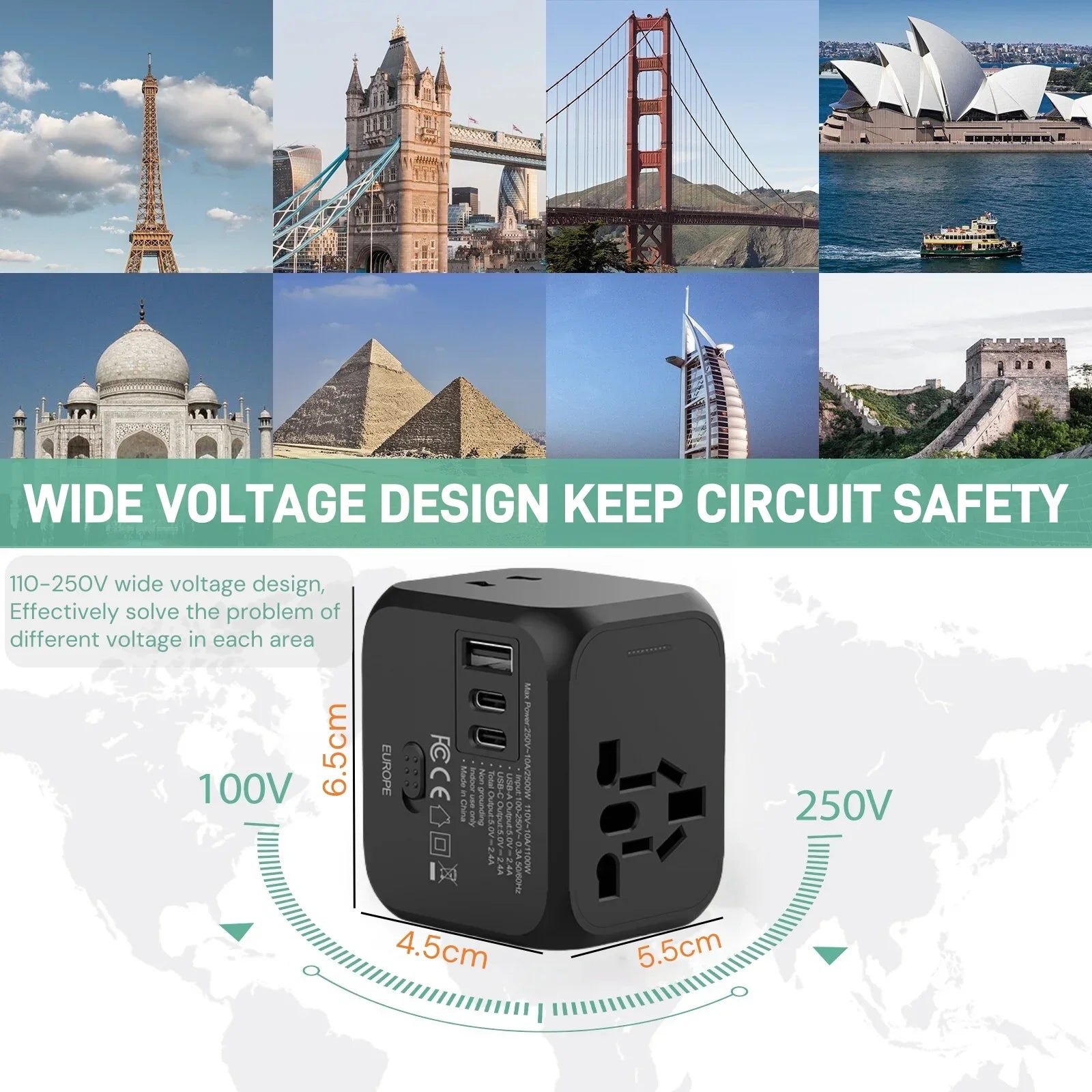 Universal Travel Adapter, Multi Plug 220v to 5v Outlet usb Type c Socket Multicontacto con usb y Corriente Charger For EU/UK/USA