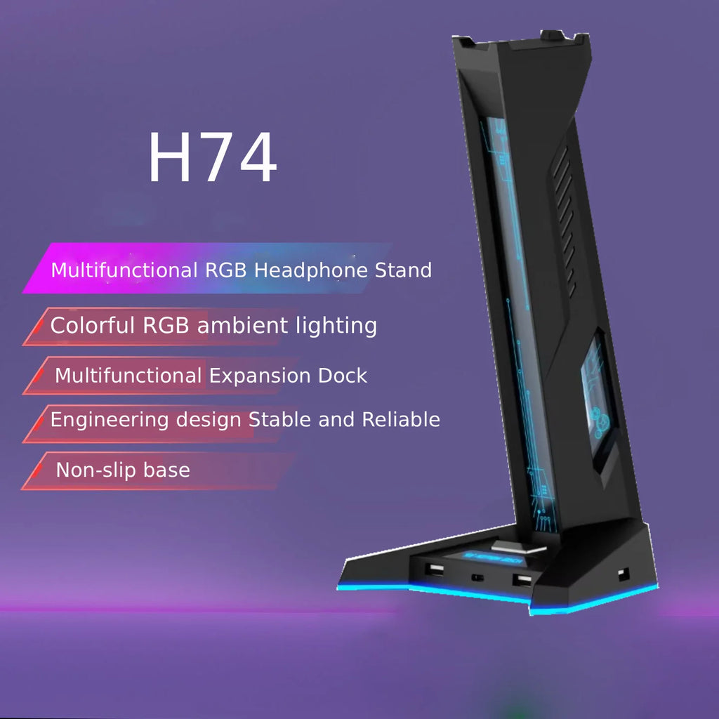New H74 RGB Gaming Headphone Stand USB Hub Anti-Slip Base LED Light Desktop Organizer for PC Gamers