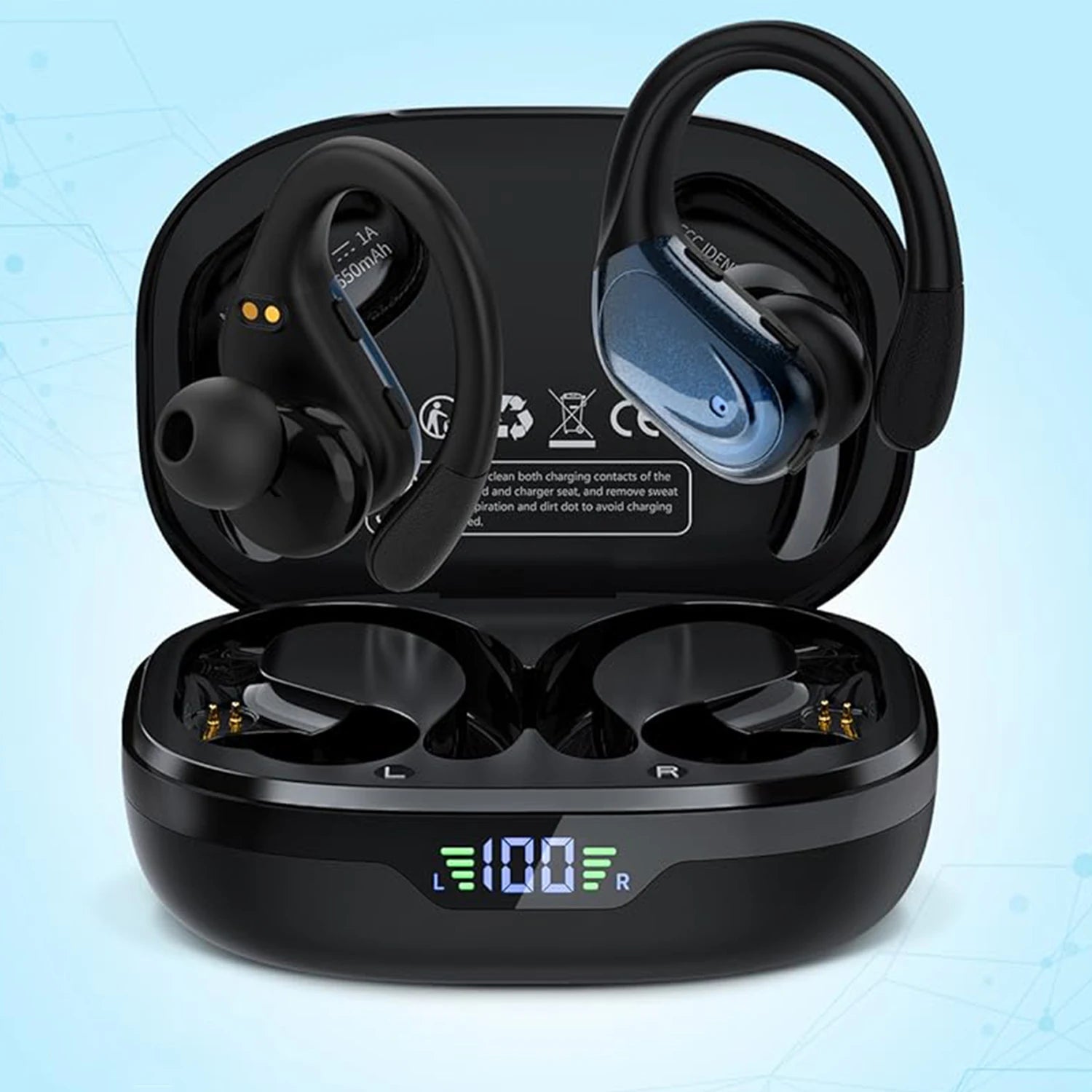 Bezprzewodowe słuchawki Bluetooth 5.3 z wyświetlaczem LED! Mocny dźwięk, stabilne połączenie, wygodne zaczepy na uszy i nawet do 75 godzin pracy. Idealne na siłownię, bieganie i codzienne użytkowanie.