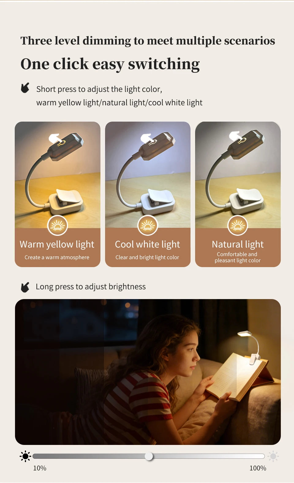 Mini Rechargeable Desk Lamp with Clip Eye Protection Portable Book Light 3 Colors Night Light Student Bedside Study Reading Lamp