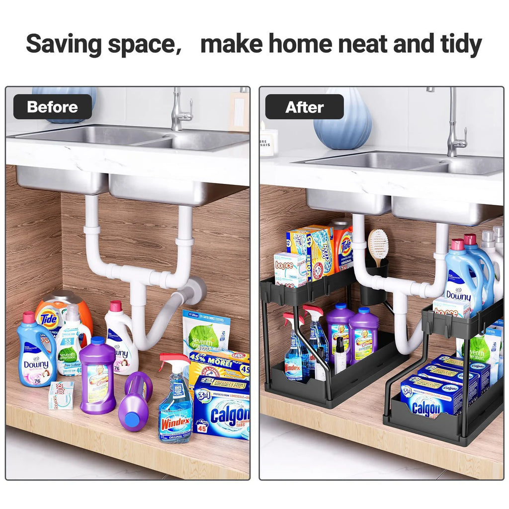 Space Saving 2 Tier Under Sink Organizer,Pull Out Storage Box Durable Large Capacity Kitchen Bathroom Essential Drawer Organizer
