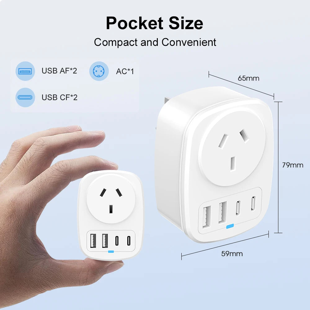Universal Travel Adapter With 2 USB Ports 2 Type-C Charging All-in-one Travel Adapter EU/UK/US/AU Plug for Travel Power Adaptor