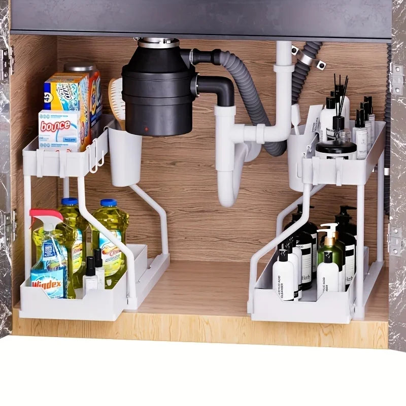 Under Sink Organizer Space Saving 2 Tier Pull Out Storage Box Durable Large Capacity Kitchen Bathroom Essential Drawer Organizer