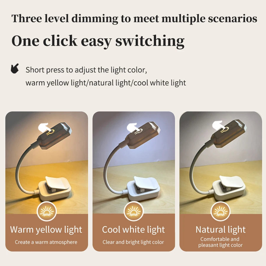 Mini Rechargeable Desk Lamp with Clip Eye Protection Portable Book Light 3 Colors Night Light Student Bedside Study Reading Lamp