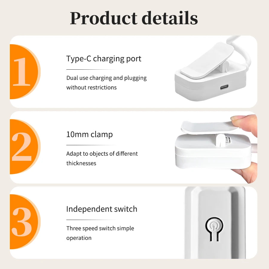 Mini Rechargeable Desk Lamp with Clip Eye Protection Portable Book Light 3 Colors Night Light Student Bedside Study Reading Lamp