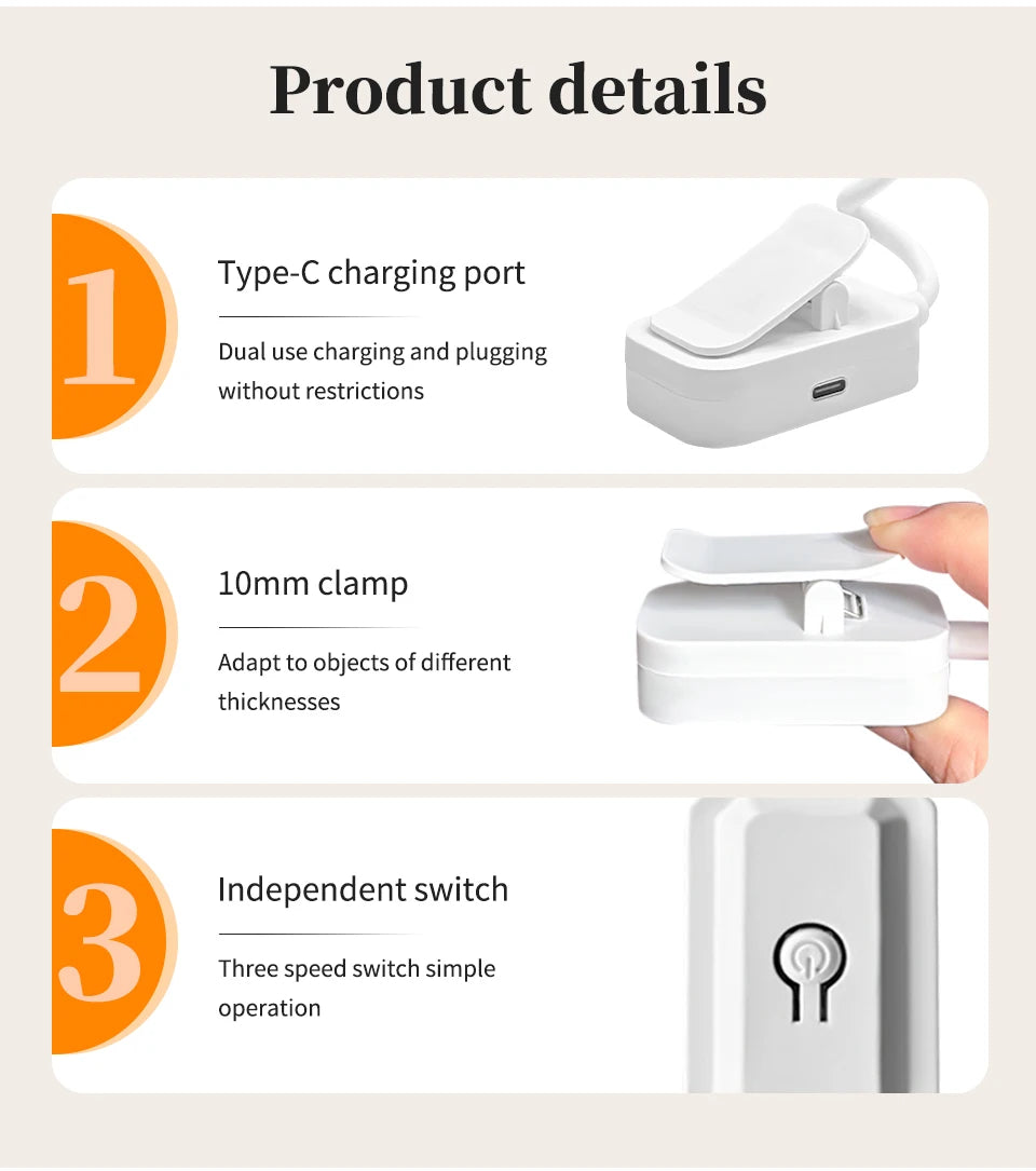 Mini Rechargeable Desk Lamp with Clip Eye Protection Portable Book Light 3 Colors Night Light Student Bedside Study Reading Lamp