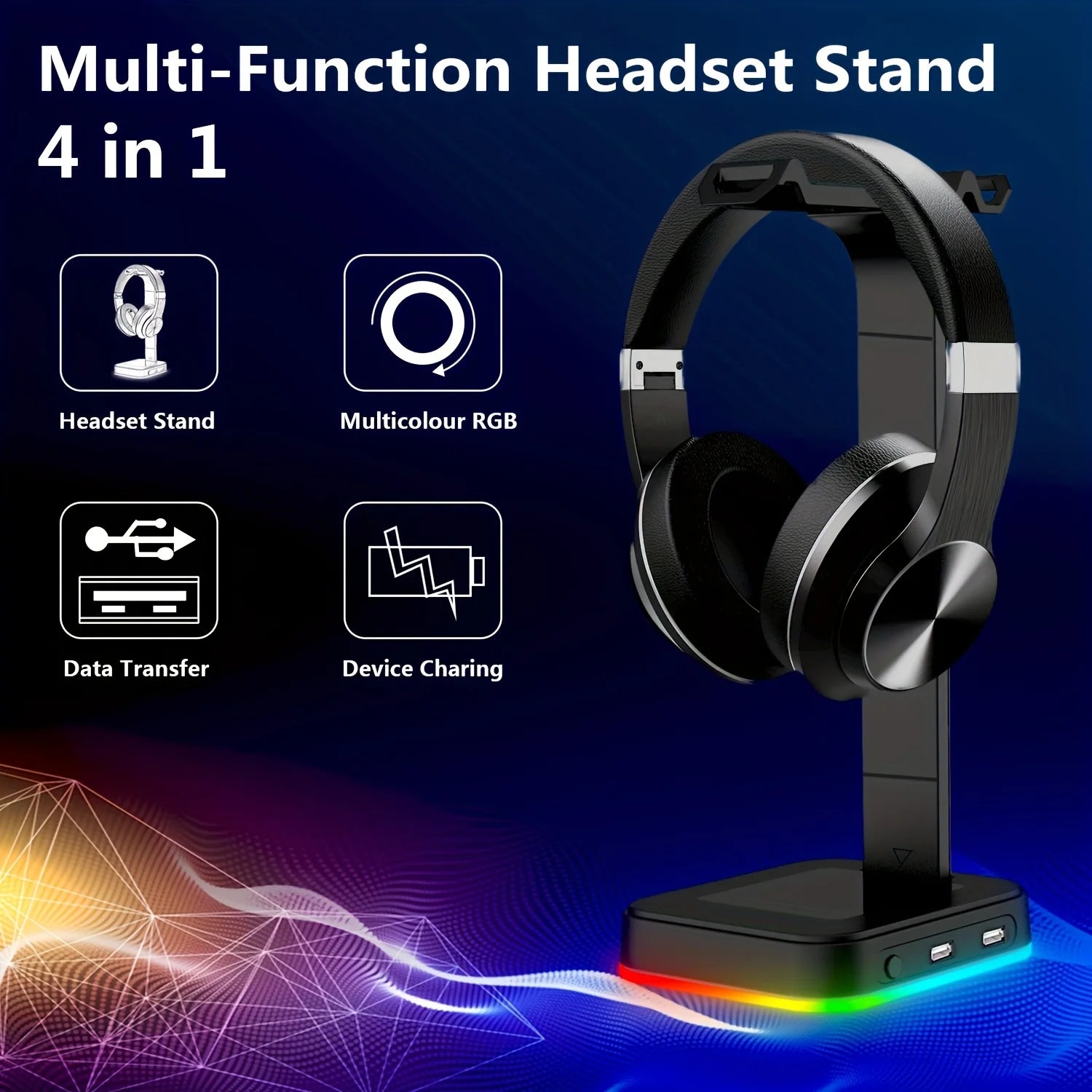 Gaming Headset Stand Adjustable Speed RGB Color-Changing LED with Dual USB Ports for Keyboard Mouse Headphones Phone Charging