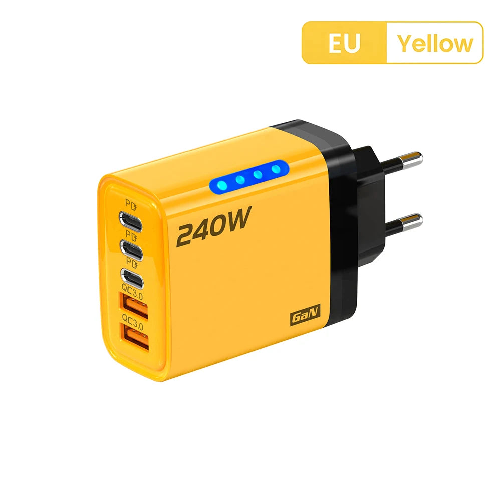 5 in 1 GaN Desktop Charger 240W Fast Charging Adapter 10A USB To TypeC Cable 3PD 2 USB Charger For IPhone 16 15pro Laptop