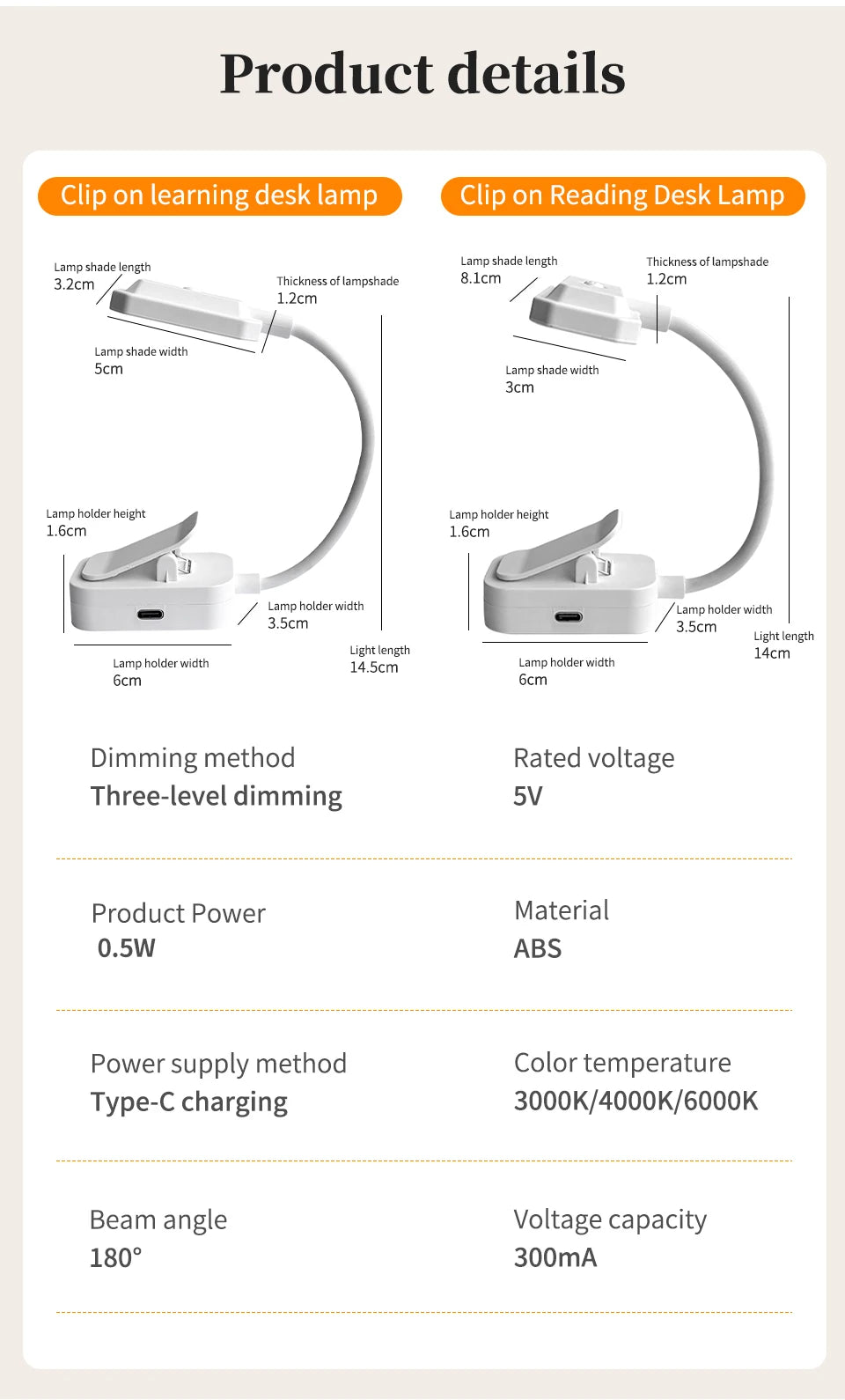 Mini Rechargeable Desk Lamp with Clip Eye Protection Portable Book Light 3 Colors Night Light Student Bedside Study Reading Lamp