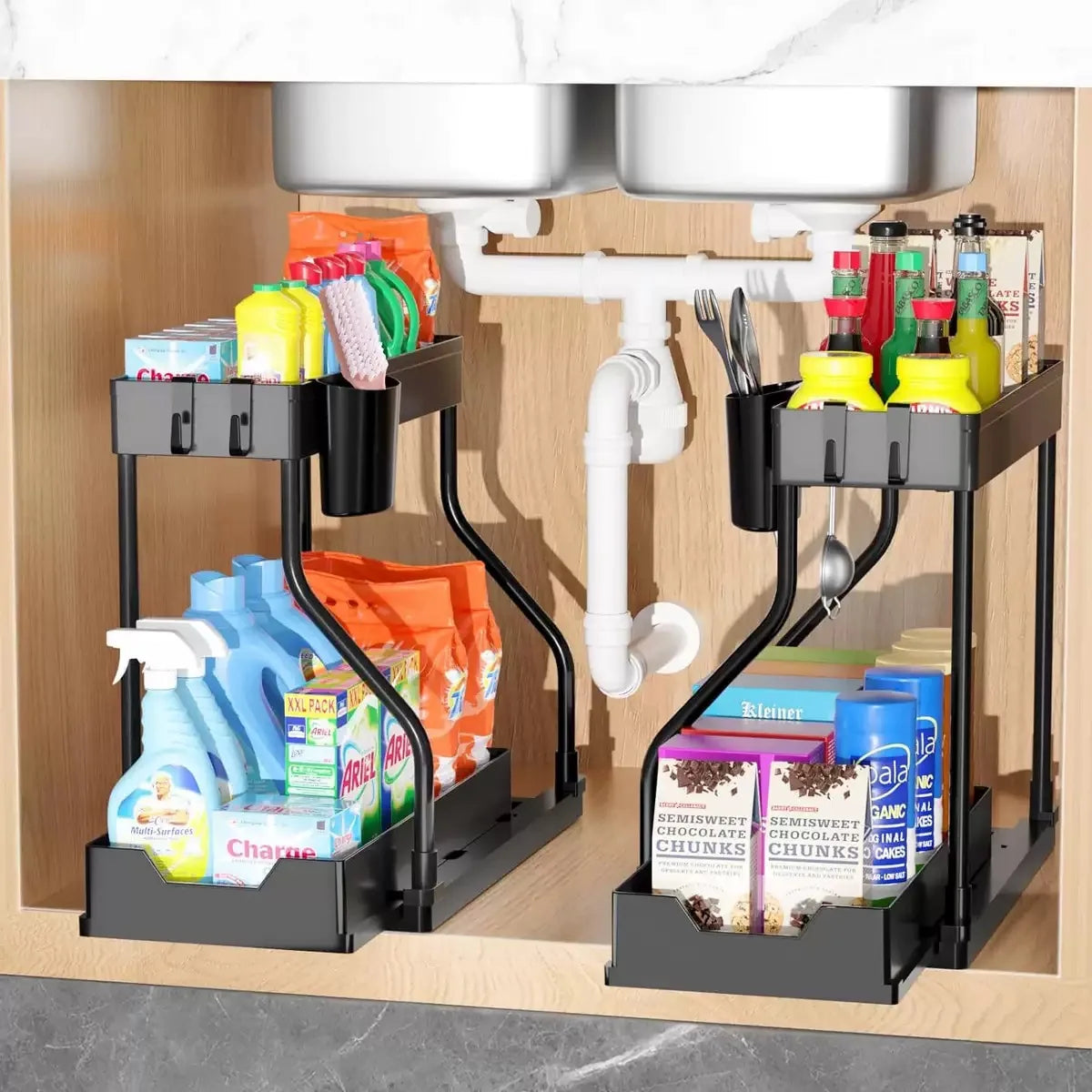 Space Saving 2 Tier Under Sink Organizer,Pull Out Storage Box Durable Large Capacity Kitchen Bathroom Essential Drawer Organizer
