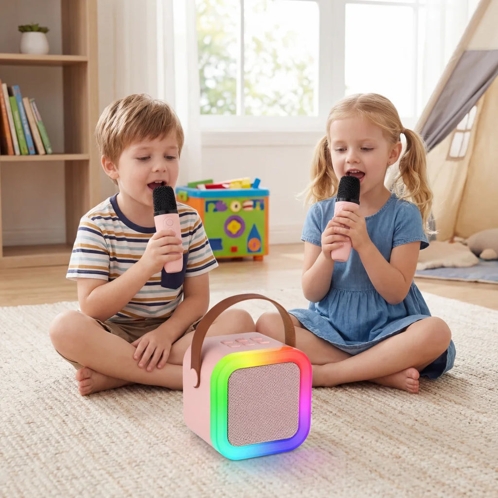 Portable Mini Karaoke Machine With 2 Wireless Microphones Bluetooth 5.0 Speaker RGB Lights Voice Change for Home Party Kids Gift