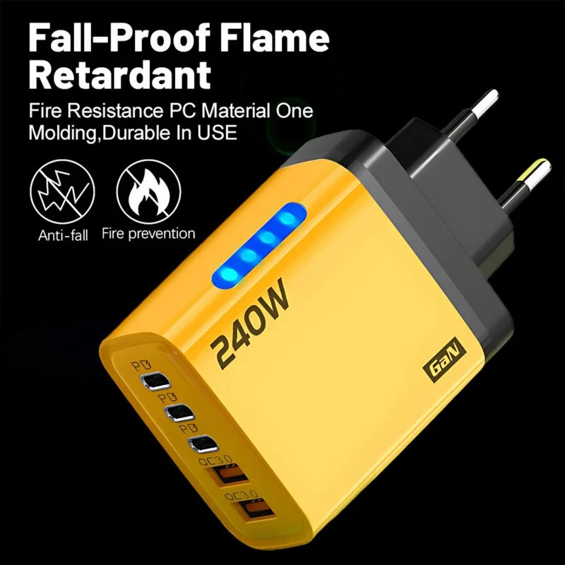 5 in 1 GaN Desktop Charger 240W Fast Charging Adapter 10A USB To TypeC Cable 3PD 2 USB Charger For IPhone 16 15pro Laptop