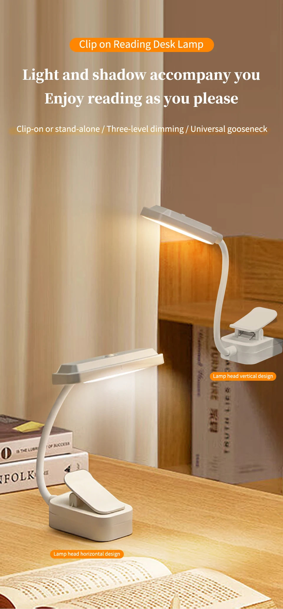 Mini Rechargeable Desk Lamp with Clip Eye Protection Portable Book Light 3 Colors Night Light Student Bedside Study Reading Lamp
