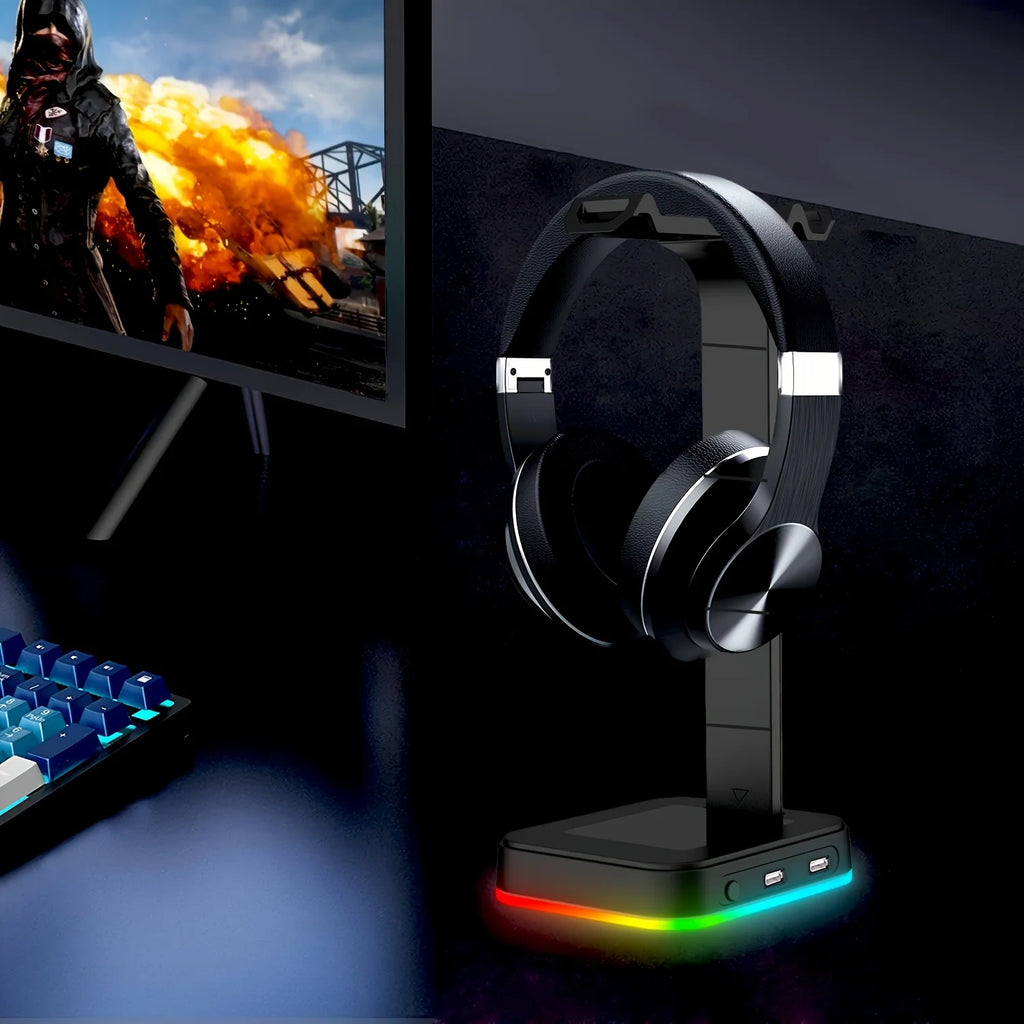 Gaming Headset Stand Adjustable Speed RGB Color-Changing LED with Dual USB Ports for Keyboard Mouse Headphones Phone Charging