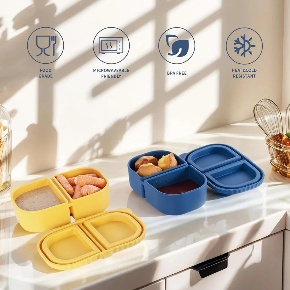 Premium Silicone Reusable Snack Containers,Double Compartment Snackle Box,Leakproof Sauce and Salad Box, for,Picnics,Office