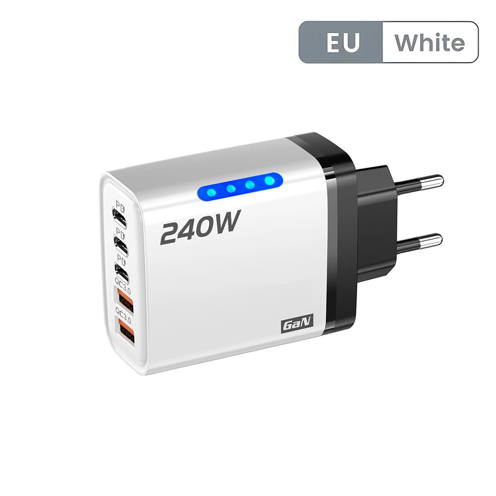 5 in 1 GaN Desktop Charger 240W Fast Charging Adapter 10A USB To TypeC Cable 3PD 2 USB Charger For IPhone 16 15pro Laptop