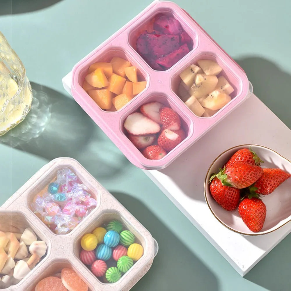 Reusable 4 Compartments Lunch Box Snack Dim Sum Nut Candy Box with Cover Wheat Straw Four Grid Snack Containers Meal Prep