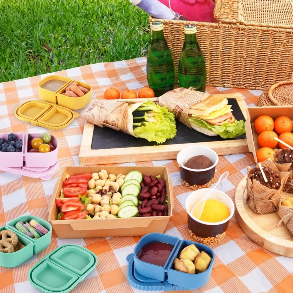 Premium Silicone Reusable Snack Containers,Double Compartment Snackle Box,Leakproof Sauce and Salad Box, for,Picnics,Office