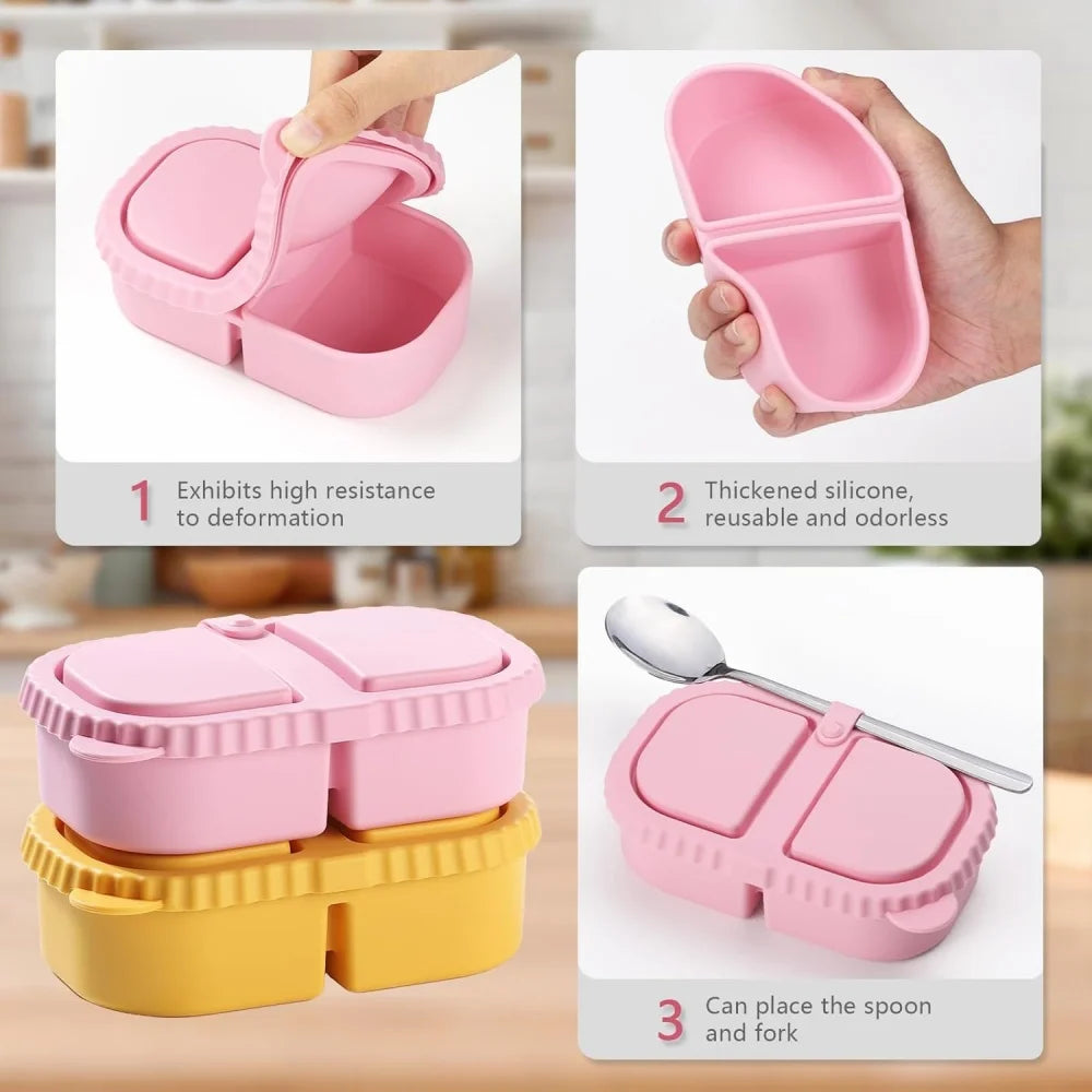 Premium Silicone Reusable Snack Containers,Double Compartment Snackle Box,Leakproof Sauce and Salad Box, for,Picnics,Office