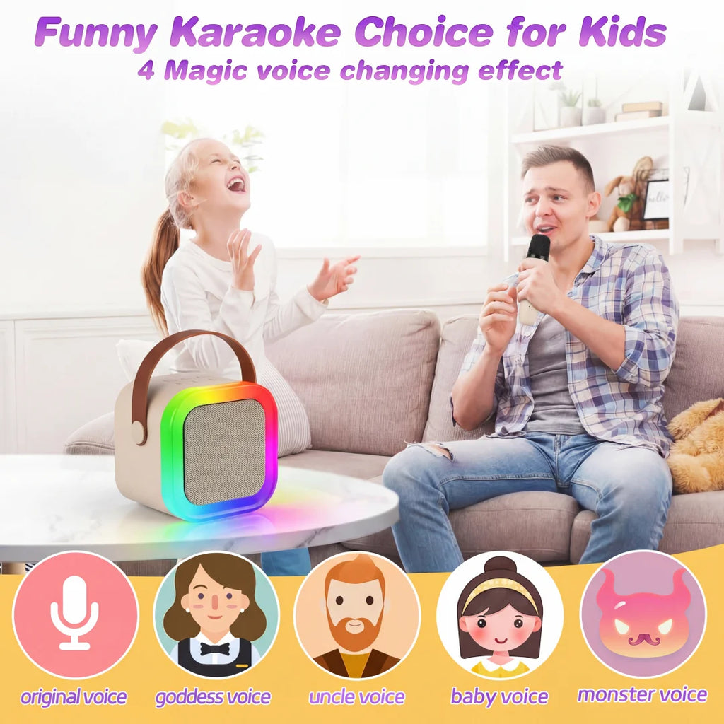Portable Mini Karaoke Machine With 2 Wireless Microphones Bluetooth 5.0 Speaker RGB Lights Voice Change for Home Party Kids Gift