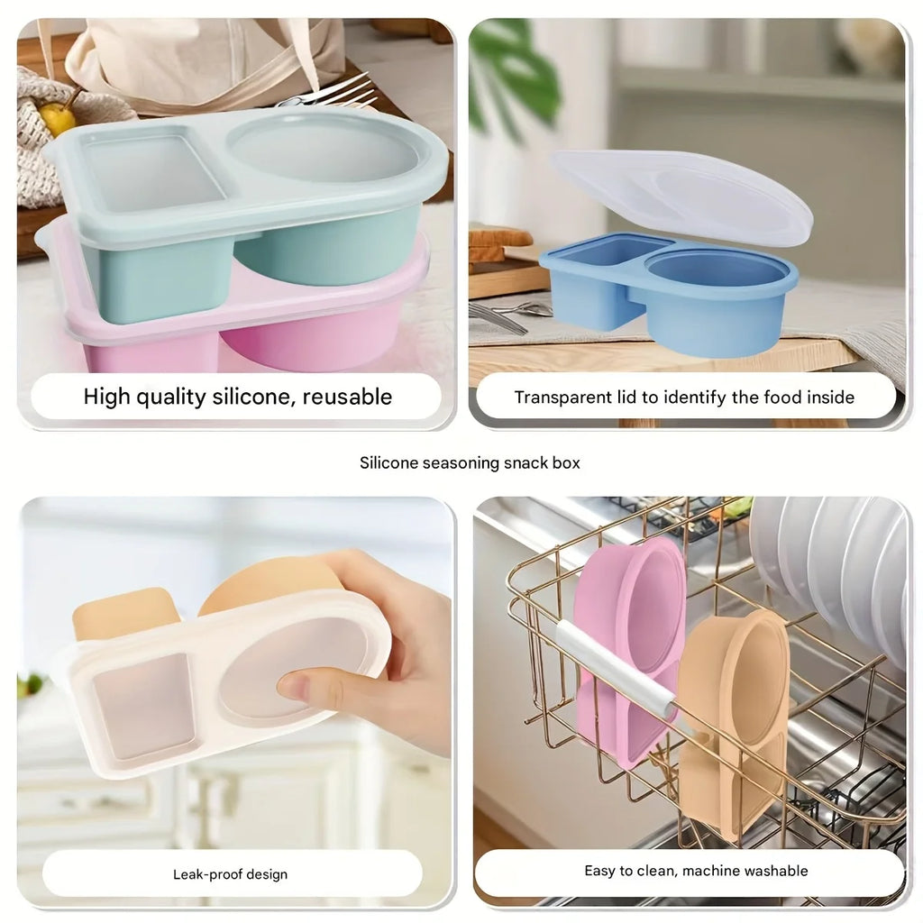 3 Pack Silicone Snack Containers 2 Compartments Reusable Snackle Box with Lids for Snack Salad Dressing & Meal Prep Food Storage