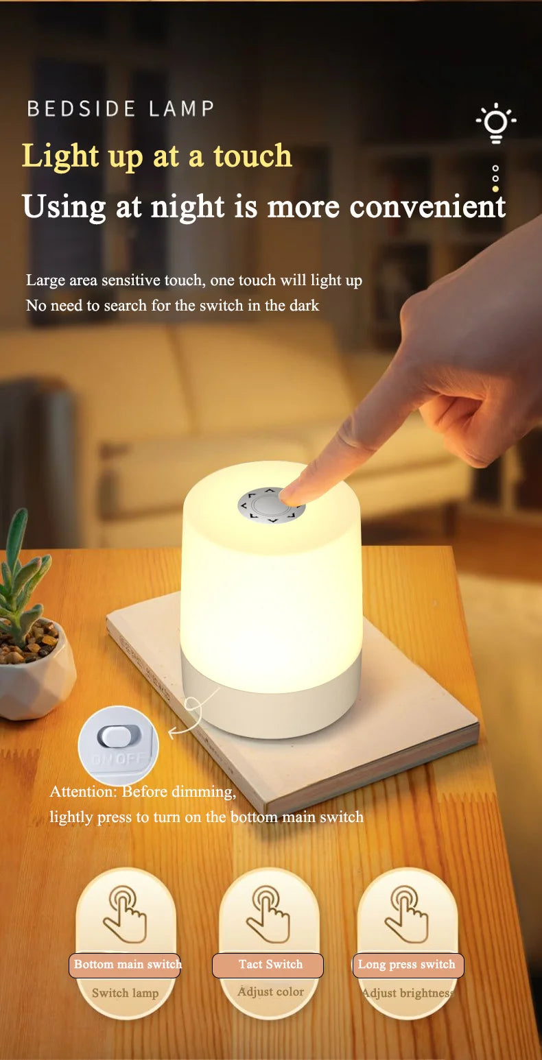 Touch Night Lamp USB LED Lamp Remote Control Switch Rechargeable Three Colors Lights Bedroom Portable Table Bedside Night Lamp