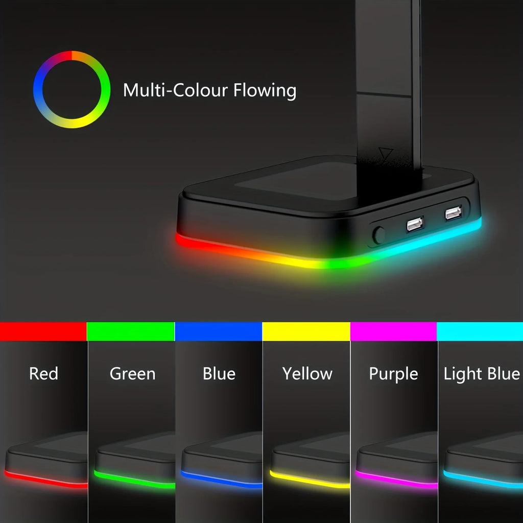 Gaming Headset Stand Adjustable Speed RGB Color-Changing LED with Dual USB Ports for Keyboard Mouse Headphones Phone Charging