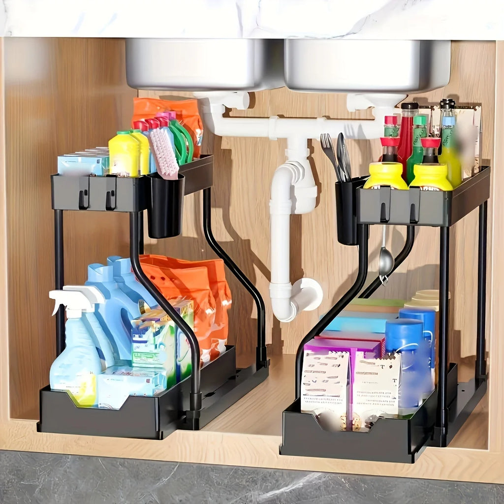 Under Sink Organizer Space Saving 2 Tier Pull Out Storage Box Durable Large Capacity Kitchen Bathroom Essential Drawer Organizer