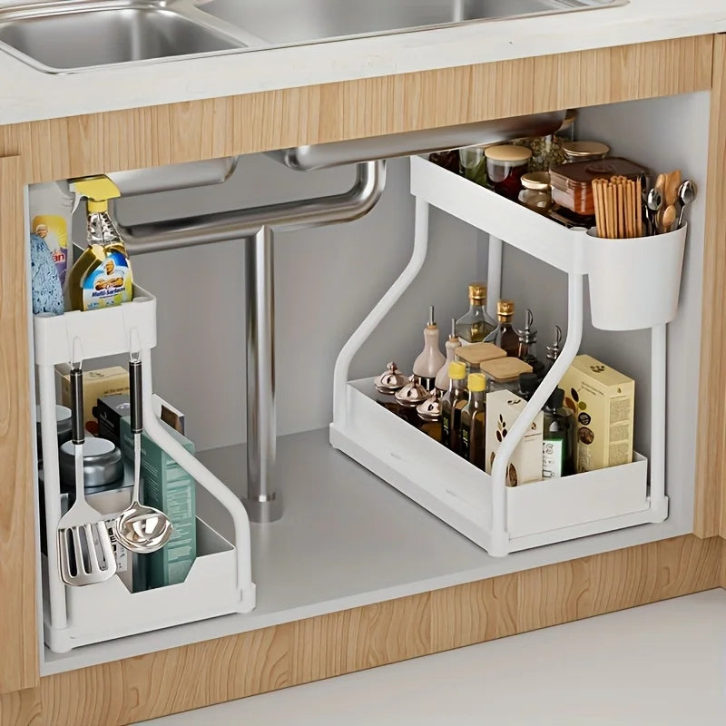 Under Sink Organizer Space Saving 2 Tier Pull Out Storage Box Durable Large Capacity Kitchen Bathroom Essential Drawer Organizer