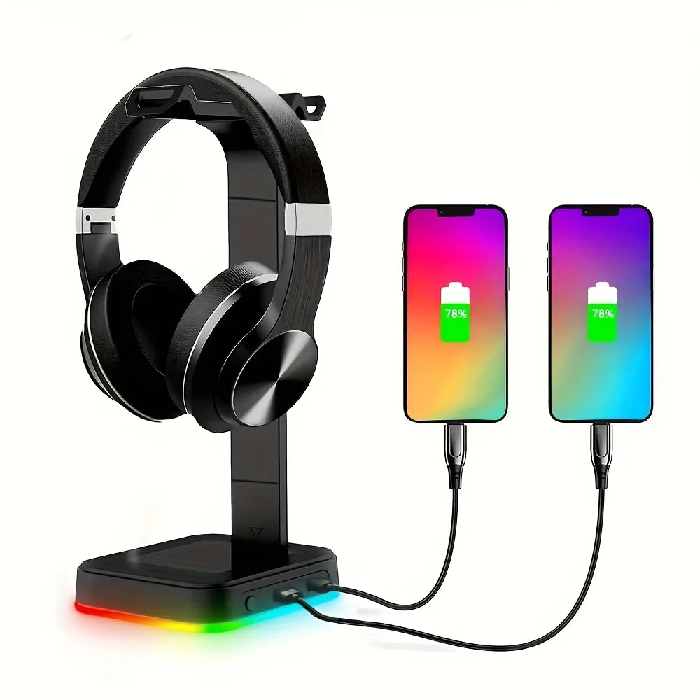 Gaming Headset Stand Adjustable Speed RGB Color-Changing LED with Dual USB Ports for Keyboard Mouse Headphones Phone Charging