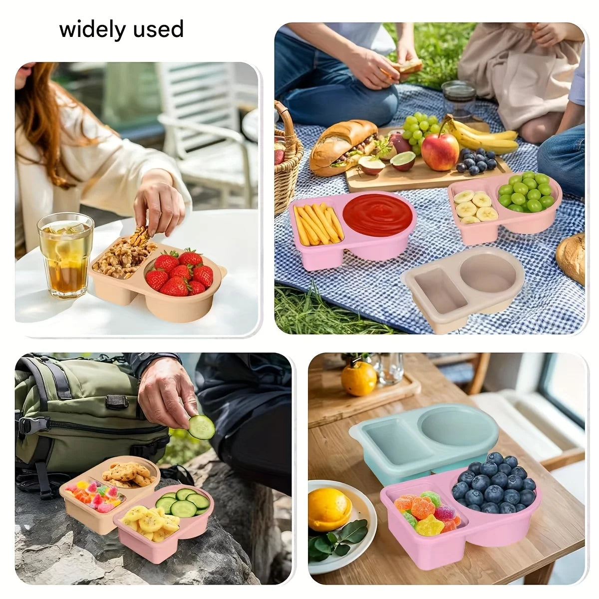 3 Pack Silicone Snack Containers 2 Compartments Reusable Snackle Box with Lids for Snack Salad Dressing & Meal Prep Food Storage