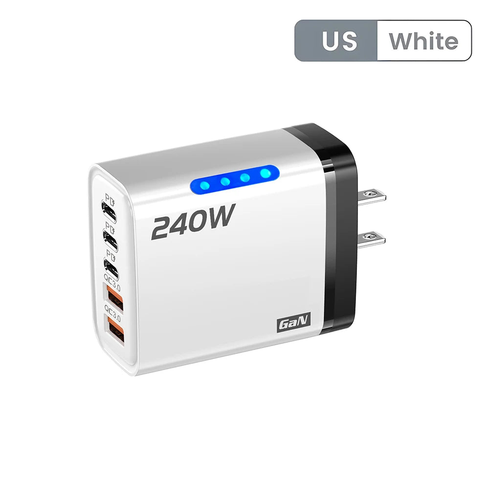 5 in 1 GaN Desktop Charger 240W Fast Charging Adapter 10A USB To TypeC Cable 3PD 2 USB Charger For IPhone 16 15pro Laptop