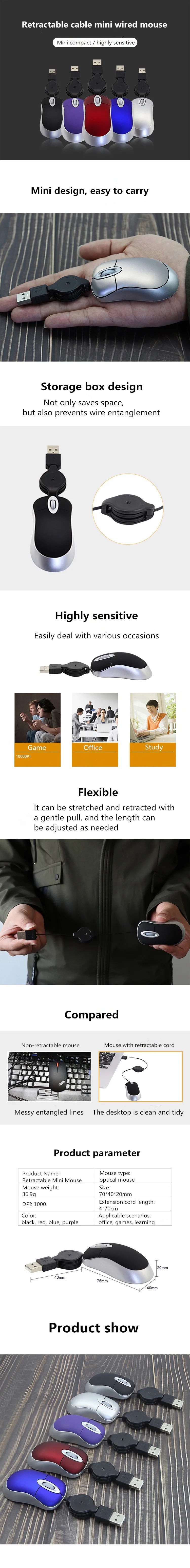 Mini Portable Wired Retractable Mouse Computer Mause Small Hand USB Optical 1000 DPI Office Mice for PC Laptop Notebook for Kids