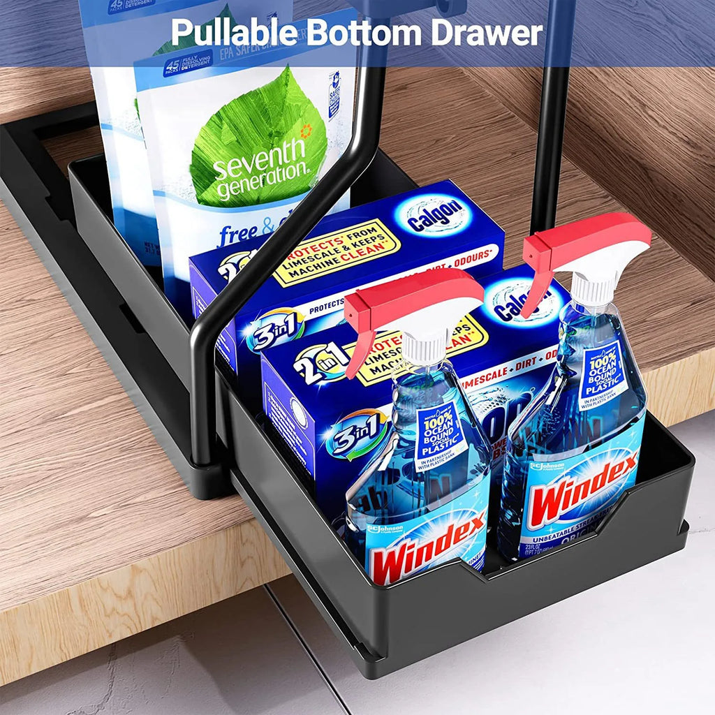 Space Saving 2 Tier Under Sink Organizer,Pull Out Storage Box Durable Large Capacity Kitchen Bathroom Essential Drawer Organizer